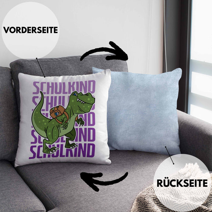 Einschulung Kissen mit Füllung 40x40 Geschenk Jungs Erster Schultag: Lustige T-Rex Dino Kissen mit Füllung 40x40 für Schulkind (Grau) Blau Trendation