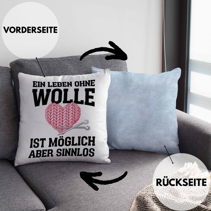 Häkeln Zubehör Kissen mit Füllung 40x40 Geschenk Stricken Geschenke Häkel Oma Mama Ein Leben Ohne Wolle (Grau) Blau Trendation