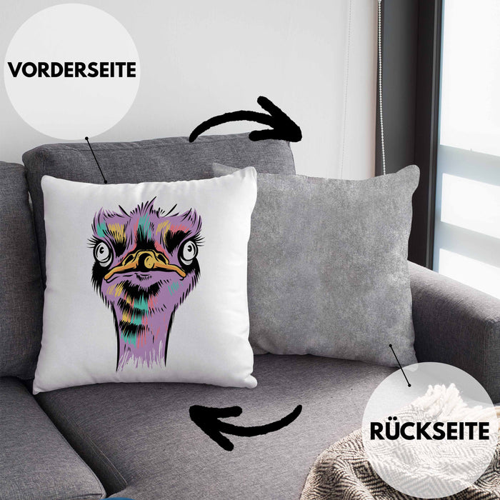 Lustige Strauß Vogel Kissen mit Füllung 40x40 Geschenk für Safari-Liebhaber (Grau) Grau Trendation
