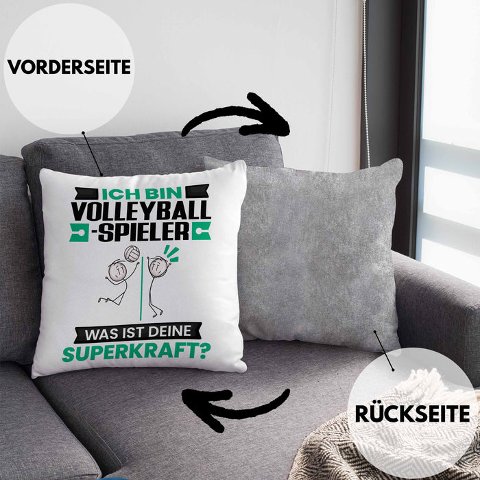 Volleyballspieler Kissen mit Füllung 40x40 Geschenk für Volleyballspieler Geburtstag Lustiger Spruch Was Ist Deine Superkraft (Grau) Grau Trendation