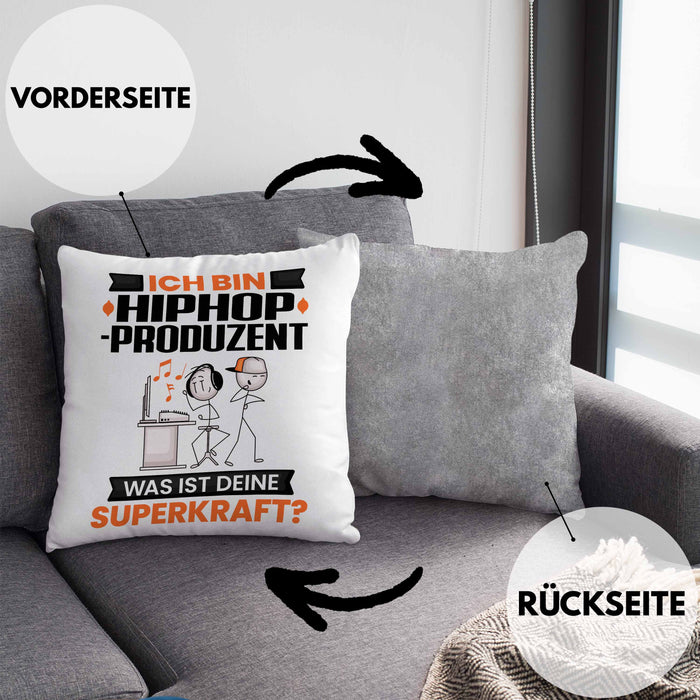 Hiphop-Produzent Kissen mit Füllung 40x40 Geschenk für Hiphop-Produzent Geburtstag Lustiger Spruch Was Ist Deine Superkraft (Grau) Grau Trendation