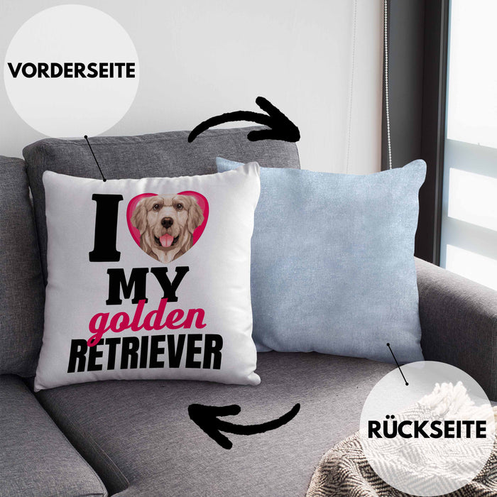 Golden Retriever Besitzerin Kissen mit Füllung 40x40 Geschenk Lustiger Spruch Geschenkidee I Love My Golden Retriever (Grau) Blau Trendation