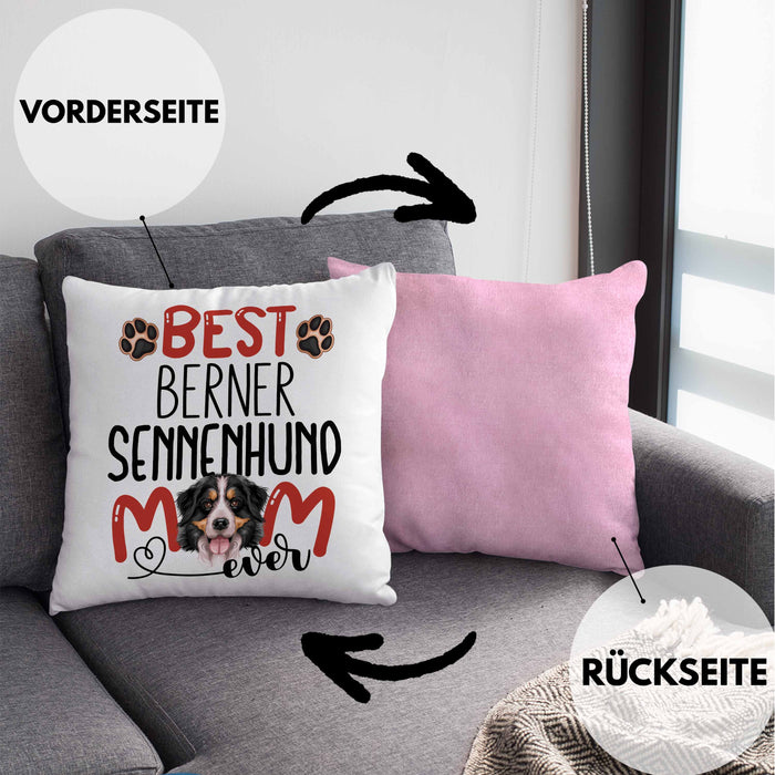 Berner Sennenhund Mom Besitzerin Kissen mit Füllung 40x40 Geschenk Lustiger Spruch Geschenkidee Besitzerin Berner Sennenhund Mama (Grau) Rosa Trendation