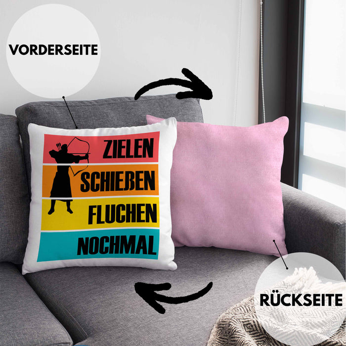 Bogenschießen Kissen mit Füllung 40x40 mit Bogenschütze Spruch - Geschenk für Pfeil und Bogen Fans Zielen Schießen Fluchen Nochmal (Grau) Rosa Trendation