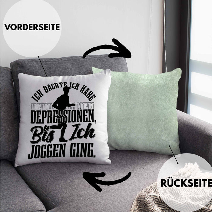 Joggen Geschenk Kissen mit Füllung 40x40 Spruch Ich Dachte Ich Habe Depressionen Bis Ich Joggen War Geschenkidee Jogger (Grau) Grün Trendation