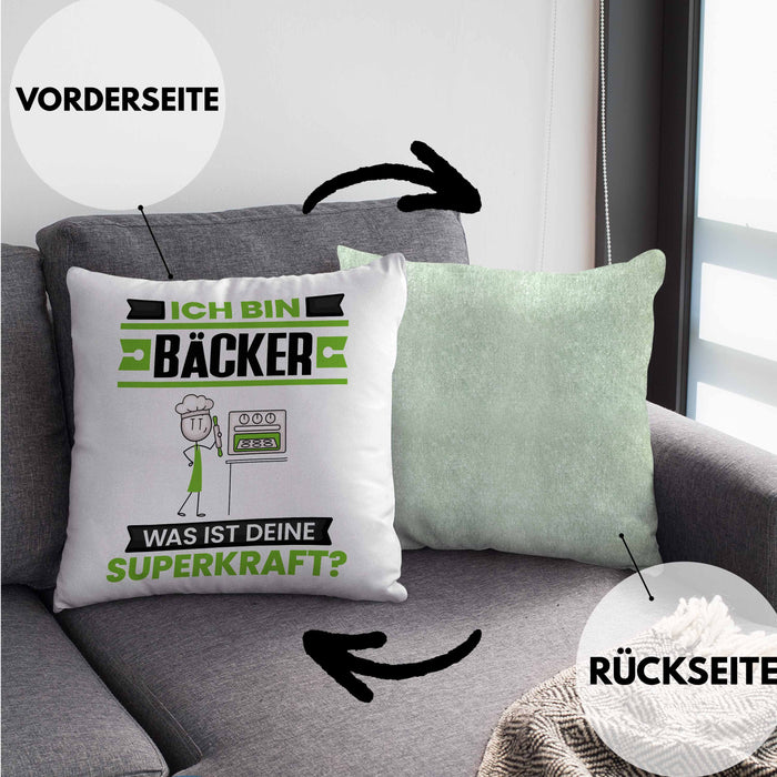 Bäcker Kissen mit Füllung 40x40 Geschenk für Bäcker Geburtstag Lustiger Spruch Was Ist Deine Superkraft (Grau) Grün Trendation