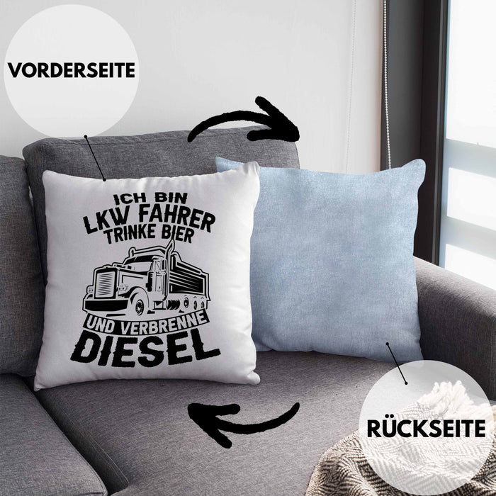 LKW Fahrer Kissen mit Füllung 40x40 Geschenk Ich Bin LKW Fahrer Trinke Bier und Verbrenne Diesel Humor Geschenkidee (Grau) Blau Trendation