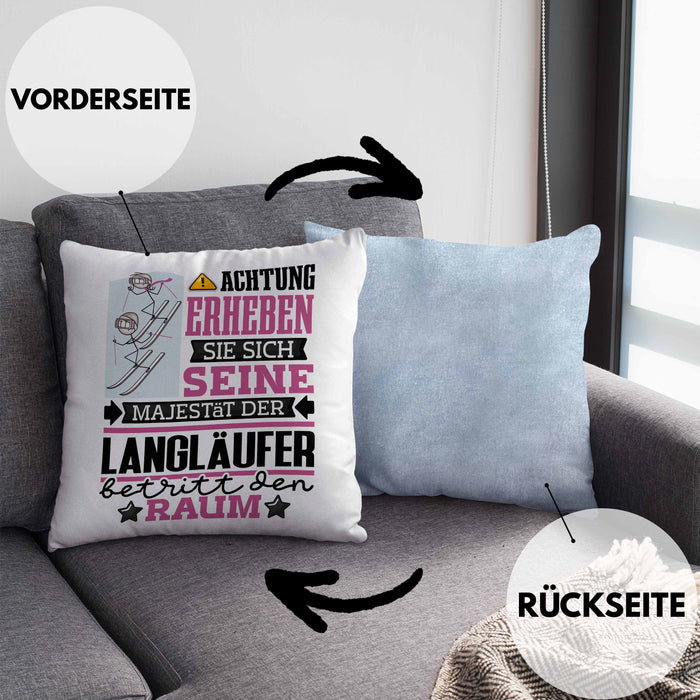 Langläufer Geschenk Kissen mit Füllung 40x40 Lustiger Spruch Erheben Sie Sich Der Langläufer Betritt den Raum (Grau) Blau Trendation