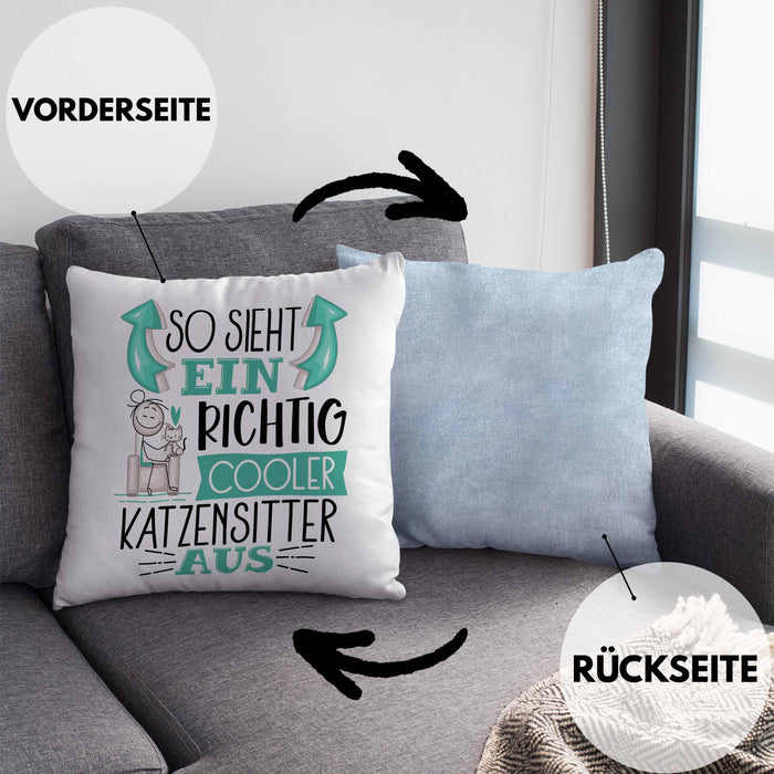 Katzensitter Kissen mit Füllung 40x40 So Sieht Ein Richtig Cooler Katzensitter Aus Geschenk Lustiger Spruch Geschenkidee (Grau) Blau Trendation