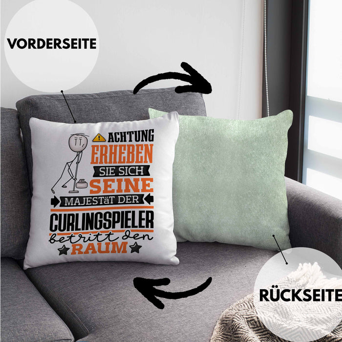 Curlingspieler Geschenk Kissen mit Füllung 40x40 Lustiger Spruch Erheben Sie Sich Der Curlingspieler Betritt den Raum (Grau) Grün Trendation