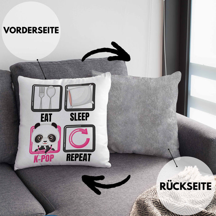 Eat Sleep K-Pop Kissen mit Füllung 40x40 Geschenk Koreanische Musik Kpop Geschenkidee Spruch (Grau) Grau Trendation