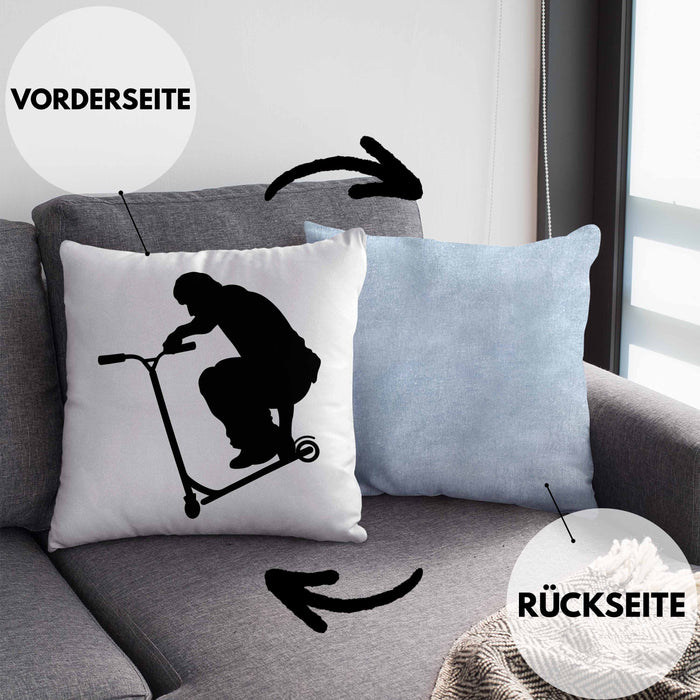 Scooter Roller Fahrer Geschenk Kissen mit Füllung 40x40 Scooterfahrer Geschenkidee Scooting Geschenkidee Jungs Profi Scooterfahrer Stunt (Grau) Blau Trendation