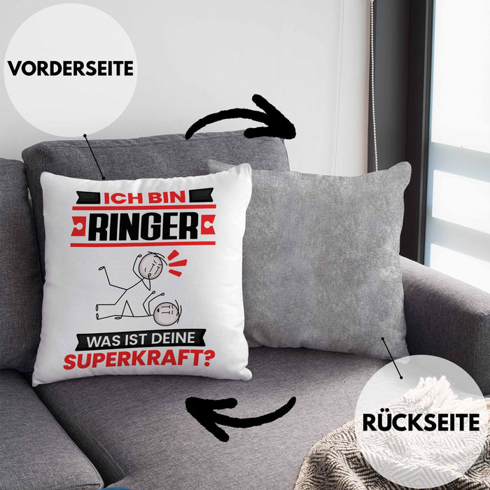 Ringer Kissen mit Füllung 40x40 Geschenk für Ringer Geburtstag Lustiger Spruch Was Ist Deine Superkraft (Grau) Grau Trendation
