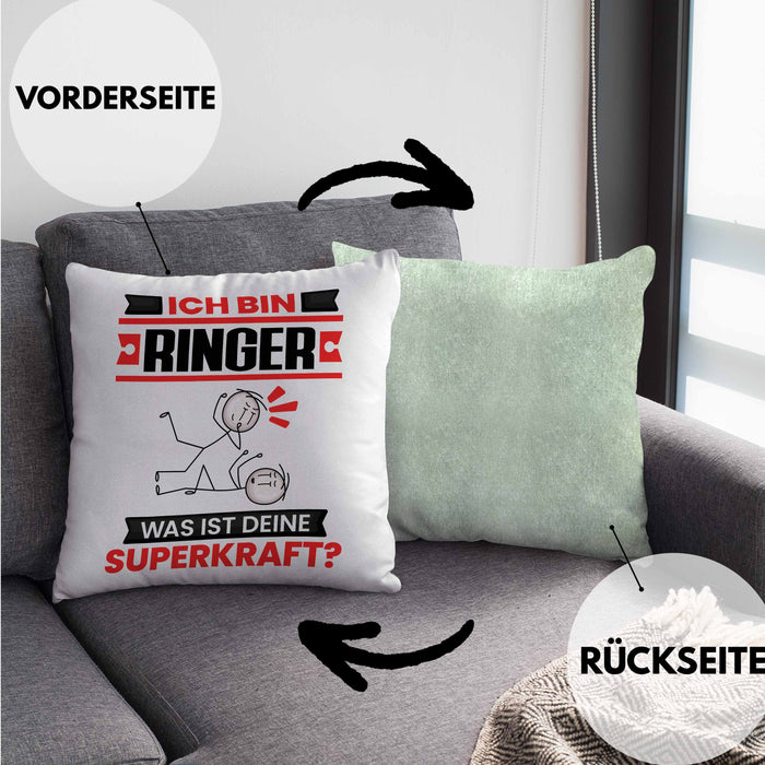 Ringer Kissen mit Füllung 40x40 Geschenk für Ringer Geburtstag Lustiger Spruch Was Ist Deine Superkraft (Grau) Grün Trendation
