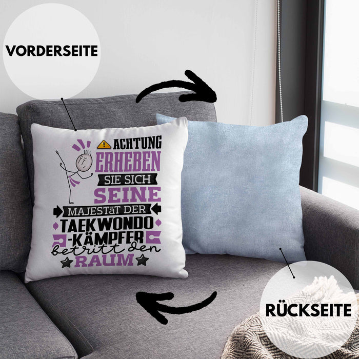 Taekwondo-Kämpfer Geschenk Kissen mit Füllung 40x40 Lustiger Spruch Erheben Sie Sich Der Taekwondo-Kämpfer Betritt den Raum (Grau) Blau Trendation