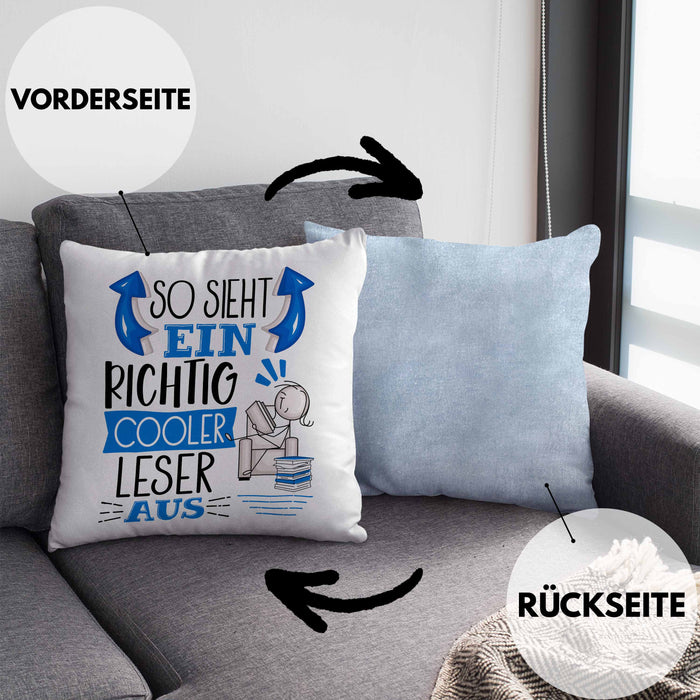 So Sieht Ein Richtig Cooler Leser Aus Geschenk Kissen mit Füllung 40x40 Lustiger Spruch Geschenkidee (Grau) Blau Trendation
