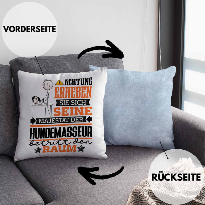 Hundemasseur Geschenk Kissen mit Füllung 40x40 Lustiger Spruch Erheben Sie Sich Der Hundemasseur Betritt den Raum (Grau) Blau Trendation