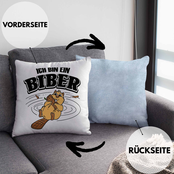 Bieber Kissen mit Füllung 40x40 Biebermotiv Geschenk Tierwohlhaber (Grau) Blau Trendation