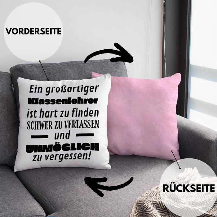 Klassenlehrer Abschied Geschenk Kissen mit Füllung 40x40 Abschiedsgeschenk für Klassenlehrer Hart Zu Finden Schwer Zu Verlassen (Grau) Rosa Trendation
