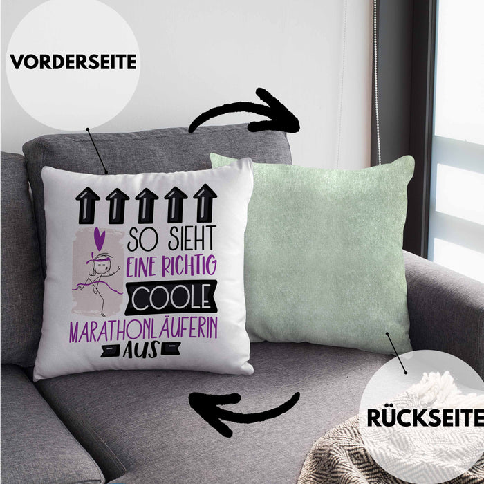 Marathonläuferin Geschenk Kissen mit Füllung 40x40 Lustig Geschenkidee für Marathonläuferin Geburtstag So Sieht Eine Richtig Coole Marathonläuferin Aus Frauen Spruch (Grau) Grün Trendation