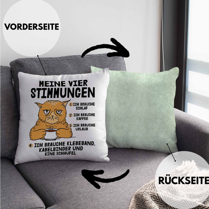 Katze Kissen mit Füllung 40x40 Geschenk Katzenbesitzerin Lustige Sprüche Kaffee Urlaub Müde Meine Vier Kaffeestimungen (Grau) Grün Trendation