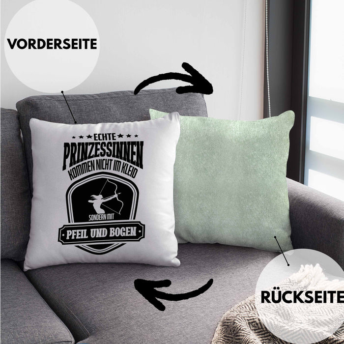 Lustige Bogenschützin Kissen mit Füllung 40x40 mit Spruch Geschenk Frauen Bogenschießen Pfeil und Bogen Motiv (Grau) Grün Trendation