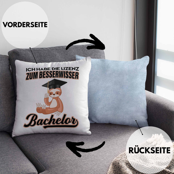 Bachelor Geschenk Abschluss Kissen mit Füllung 40x40 Spruch Master Abitur Abi Graduation Bestanden Prüfung Lizenz zum Besserwisser (Grau) Blau Trendation