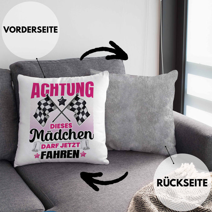 Führerschein Bestanden Geschenk Kissen mit Füllung 40x40 Bestandener Führerschein Achtung Dieses Mädchen Darf Jetzt Fahren Fahrschule (Grau) Grau Trendation