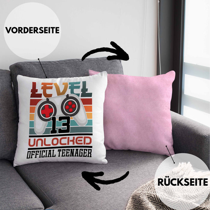 13. Geburtstag Kissen mit Füllung 40x40 Jungs Gaming Official Teenager 13er Geburtstag Geschenkidee (Grau) Rosa Trendation