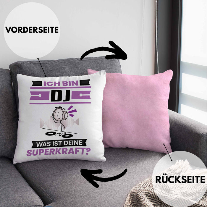 DJ Kissen mit Füllung 40x40 Geschenk für DJ Geburtstag Lustiger Spruch Was Ist Deine Superkraft (Grau) Rosa Trendation