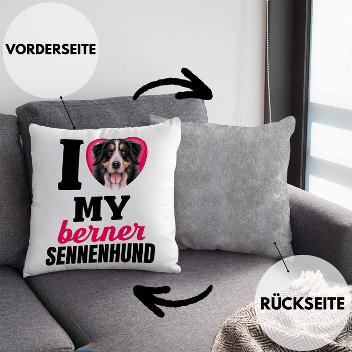 Berner Sennen Besitzerin Kissen mit Füllung 40x40 Geschenk Lustiger Spruch Geschenkidee I Love My Berner Sennen (Grau) Grau Trendation