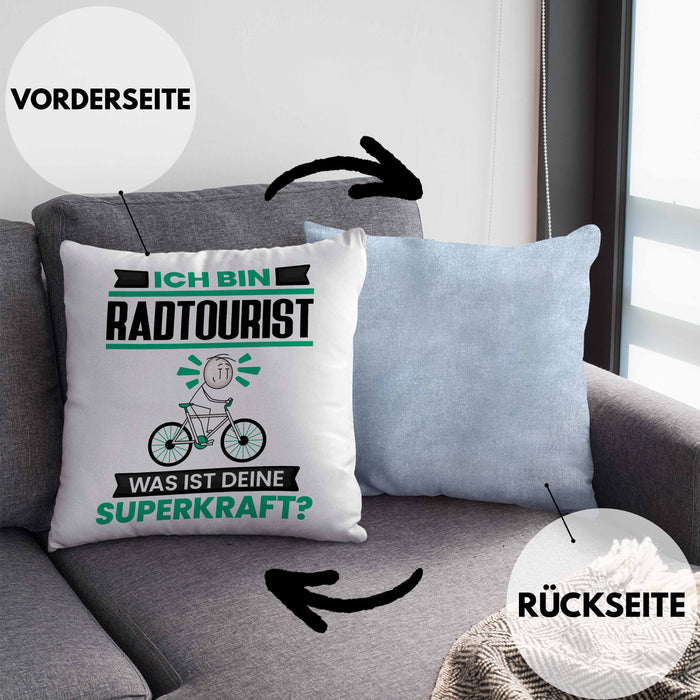 Radtourist Kissen mit Füllung 40x40 Geschenk für Radtourist Geburtstag Lustiger Spruch Was Ist Deine Superkraft (Grau) Blau Trendation