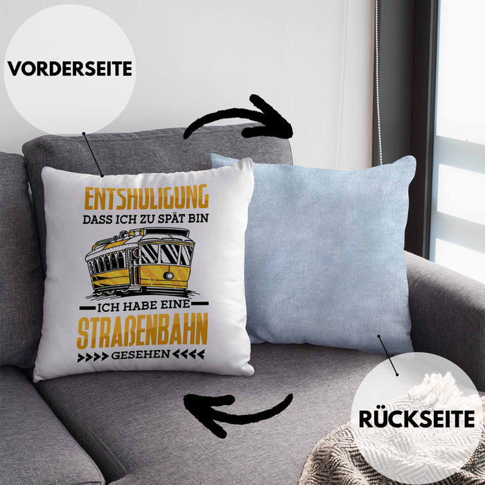 Straßenbahn Kissen mit Füllung 40x40 Geschenk Spruch Lustig Ein Leben Ohne Straßenbahn Fahrer Geschenkidee Geburtstag (Grau) Blau Trendation