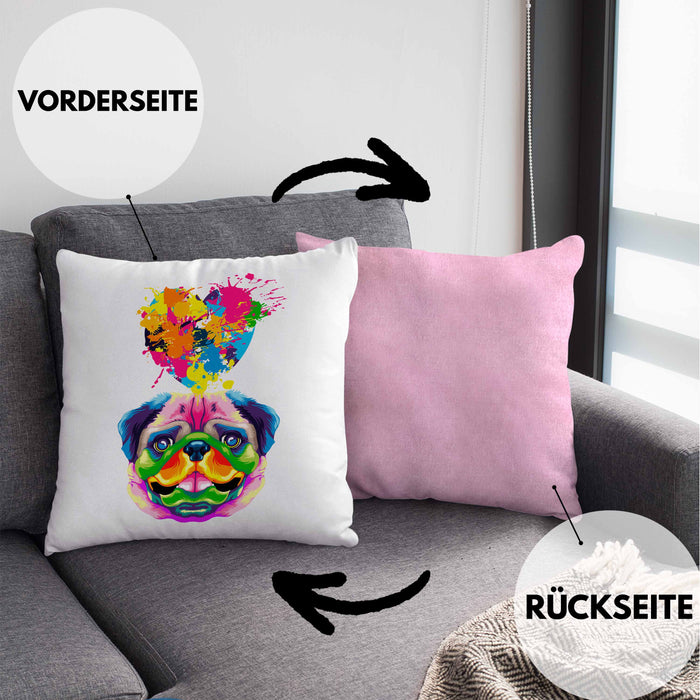 Mops Herz Farbe Besitzer Kissen mit Füllung 40x40 Geschenk Lustiger Spruch Geschenkidee Mops Liebhaber (Grau) Rosa Trendation