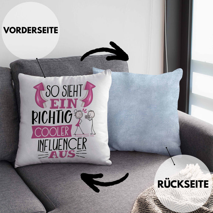 Influencer Kissen mit Füllung 40x40 Geschenk So Sieht Ein RIchtig Cooler Influencer Aus Geschenkidee Lustiger Spruch Geburtstag (Grau) Blau Trendation