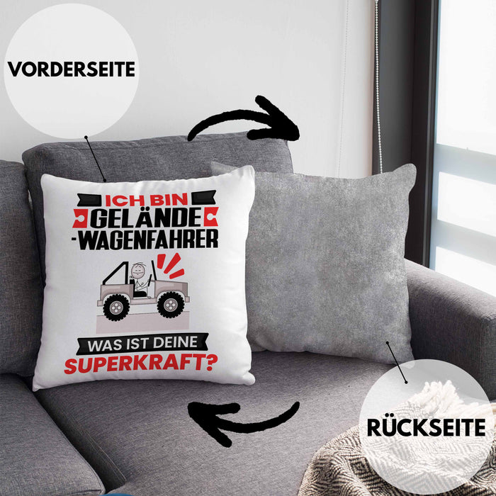 Geländewagenfahrer Kissen mit Füllung 40x40 Geschenk für Geländewagenfahrer Geburtstag Lustiger Spruch Was Ist Deine Superkraft (Grau) Grau Trendation
