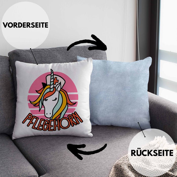 Lustige Pflege Geschenkidee für Pflegerinnen Kissen mit Füllung 40x40 Einhorn "Pflegehorn" Spruch (Grau) Blau Trendation