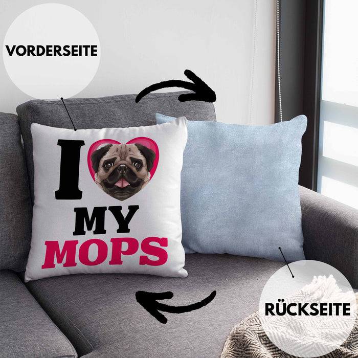 Mops Besitzerin Kissen mit Füllung 40x40 Geschenk Lustiger Spruch Geschenkidee I Love My Mops (Grau) Blau Trendation