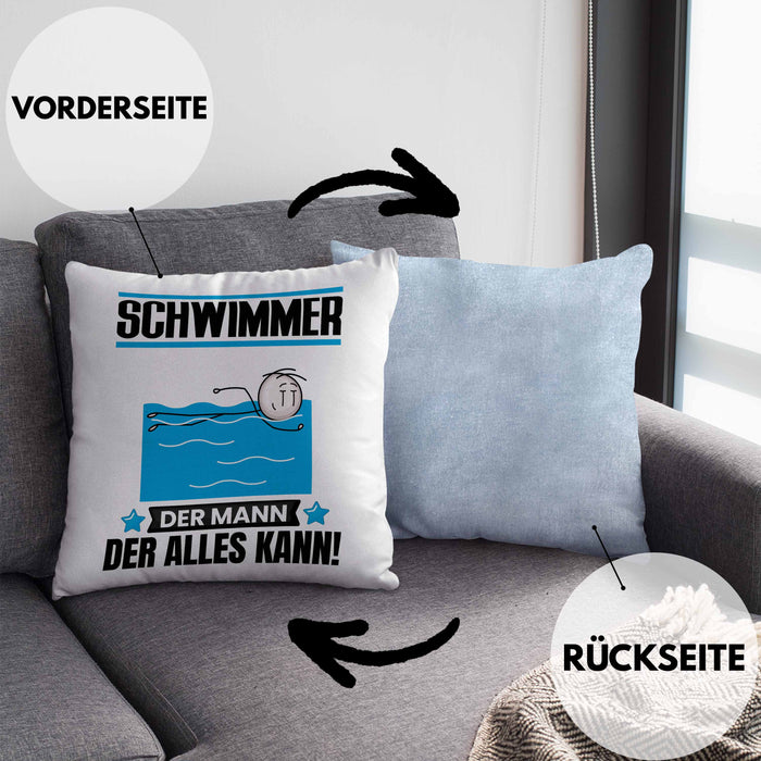 Schwimmer Kissen mit Füllung 40x40 Geschenk für Schwimmer Der Mann Der Alles Kann Geschenkidee zum Geburtstag (Grau) Blau Trendation