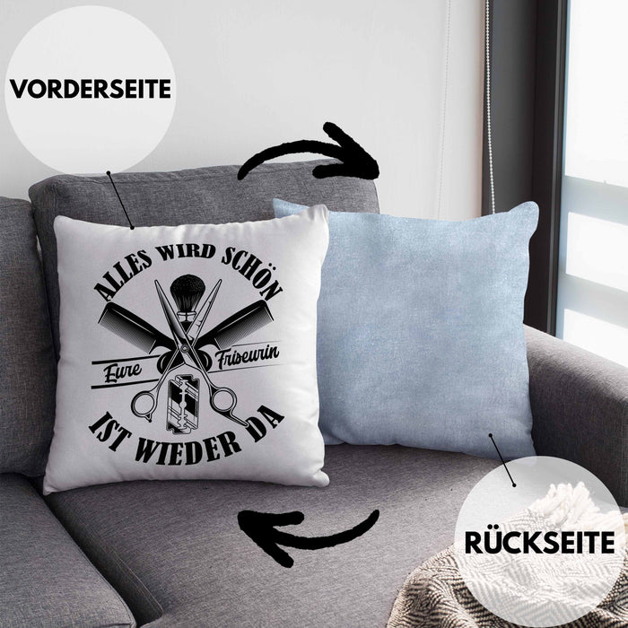 Friseurin Kissen mit Füllung 40x40 GEschenk Alles Wird Schön Eure Friseurin Ist Wieder Da (Grau) Blau Trendation