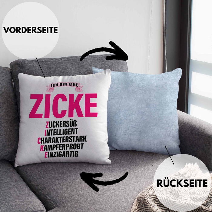 Zicke Kissen mit Füllung 40x40 Geschenk für Frauen Frau Lustig Pink (Grau) Blau Trendation
