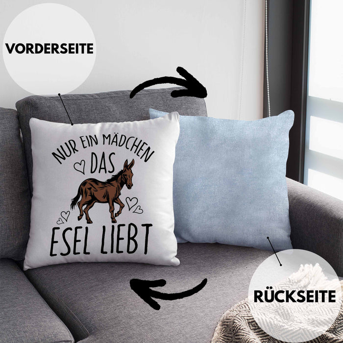 Lustige Esel-Kissen mit Füllung 40x40 Geschenk für Mädchen, die Esel lieben "Nur Ein Mädchen Das Esel Liebt" (Grau) Blau Trendation