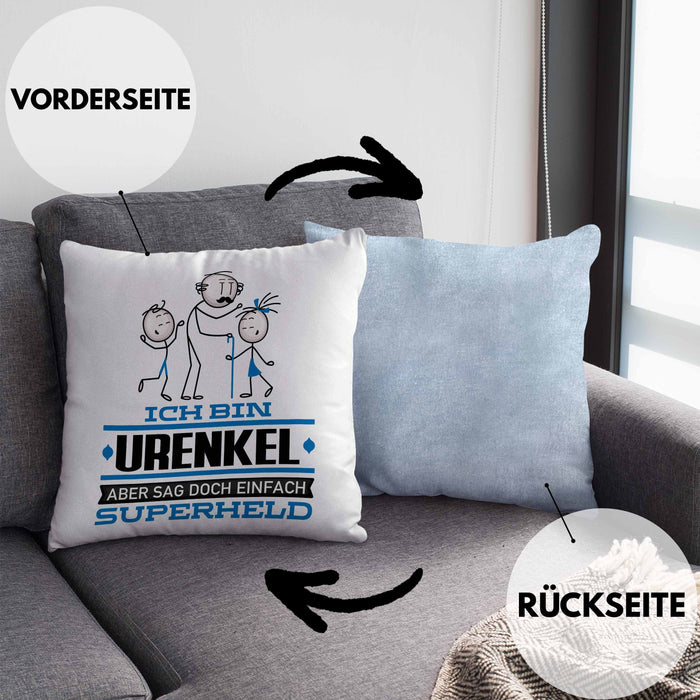 Urenkel Geschenk Kissen mit Füllung 40x40 Ich Bin Urenkel Aber Sag Doch Einfach Superheld Lustige Geschenkdiee für Urenkel (Grau) Blau Trendation