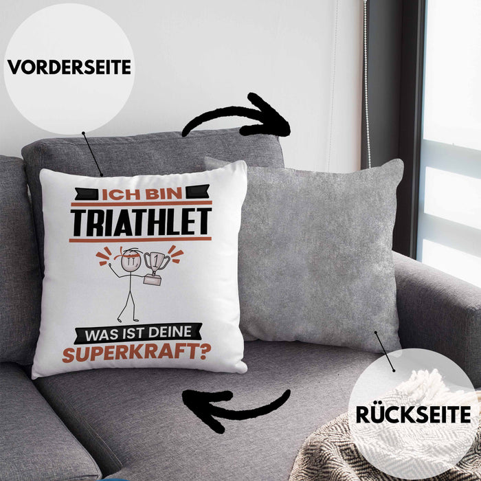 Triathlet Kissen mit Füllung 40x40 Geschenk für Triathlet Geburtstag Lustiger Spruch Was Ist Deine Superkraft (Grau) Grau Trendation