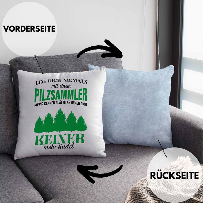 Pilzsammler Geschenk Kissen mit Füllung 40x40 Pilze Sammeln Geschenkidee Pilzsucher Pilzliebhaber Lustig (Grau) Blau Trendation