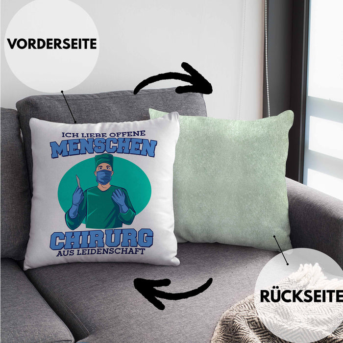 Lustige Chirurg-Kissen mit Füllung 40x40 "Ich liebe offene Menschen" Geschenk für Chirurgen (Grau) Grün Trendation