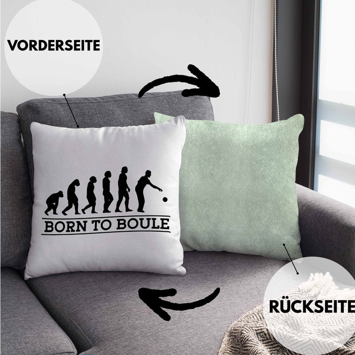 Boule Kissen mit Füllung 40x40 Geschenk Boule-Spieler Geschenkidee Spruch Geboren zum Boule (Grau) Grün Trendation