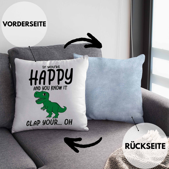 T-Rex Dino Kissen mit Füllung 40x40 Geschenk Wenn Du Glücklich Bist Und Du Es Weißt Klatsche Geschenkidee Dinosaurier Fans (Grau) Blau Trendation