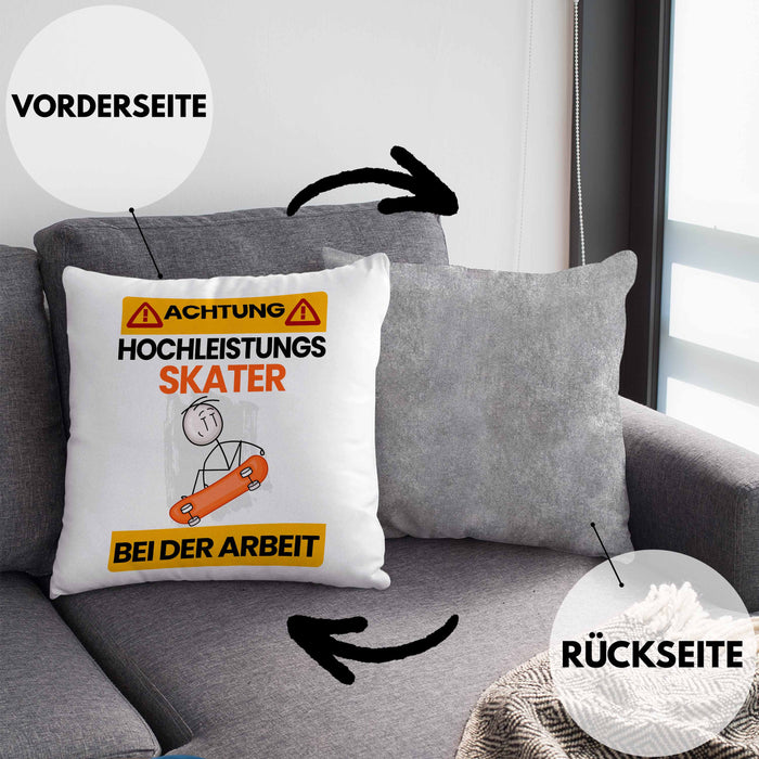Skater Kissen mit Füllung 40x40 Geschenk Lustiger Spruch Geschenkidee für Skater Achtung Hochleistungs Skater Bei Der Arbeit (Grau) Grau Trendation