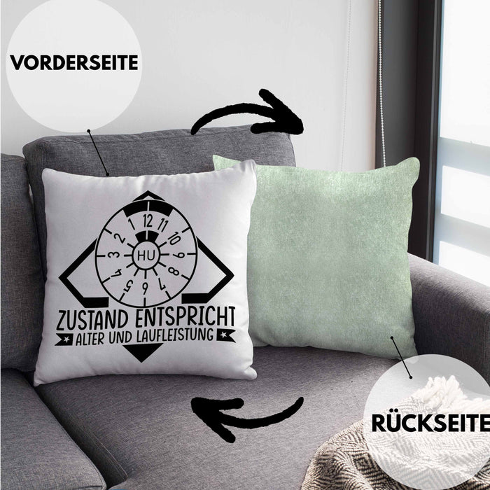 KFZ Mechaniker Kissen mit Füllung 40x40 Geschenk Spruch Männer KFZ Mechatroniker Geschenkidee Werkstatt Zustand Entispricht Alter Und Laufleistung (Grau) Grün Trendation